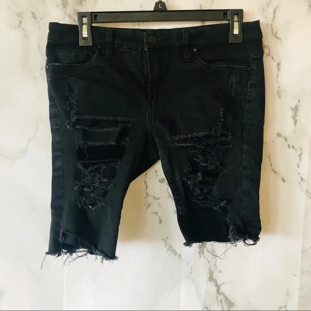 Blank NYC/ Black Distressed Denim Bermuda Shorts - Picture 2 of 6